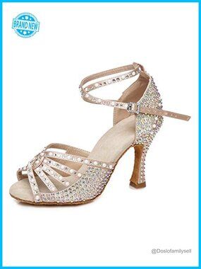 Women's Latin Dance Shoes Rhinestones Satin Ballroom Dancing Salsa Professional